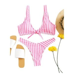 Brand new pink striped high cut bikini  M 👙